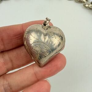 Vintage 925 Sterling Silver Puffy Heart Pendant Engraved Etched 1.25"